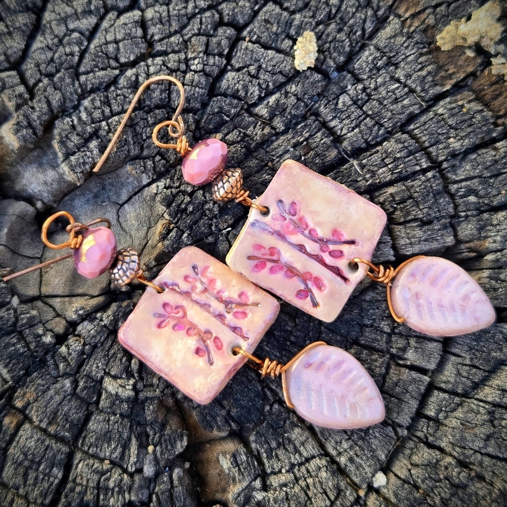 Handcrafted Romantic Rustic Pink Flowers In Clay & Glass In Copper Earrings - Picture 6 of 10